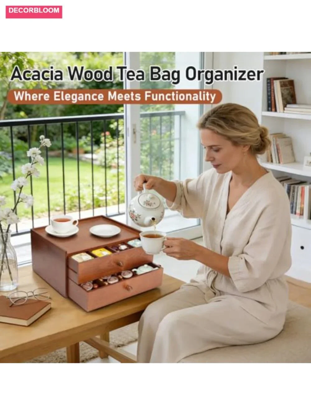 Acacia Wood Tea Bag Organizer with Double Drawers, Removable Dividers, Tea